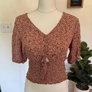 Lush Rust Floral Tie-Front Blouse